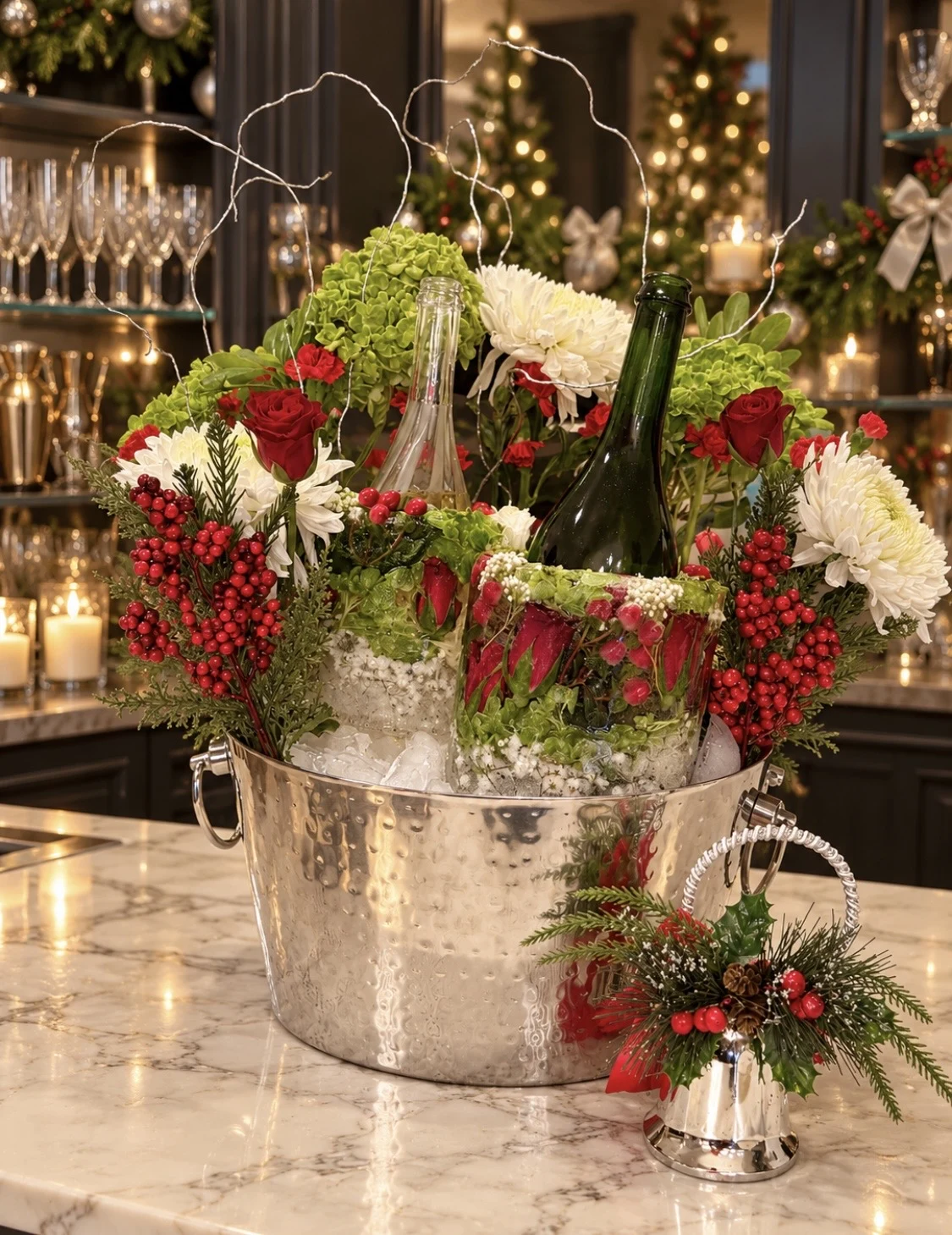 Red and white holiday floral ice centerpiece in a silver bucket